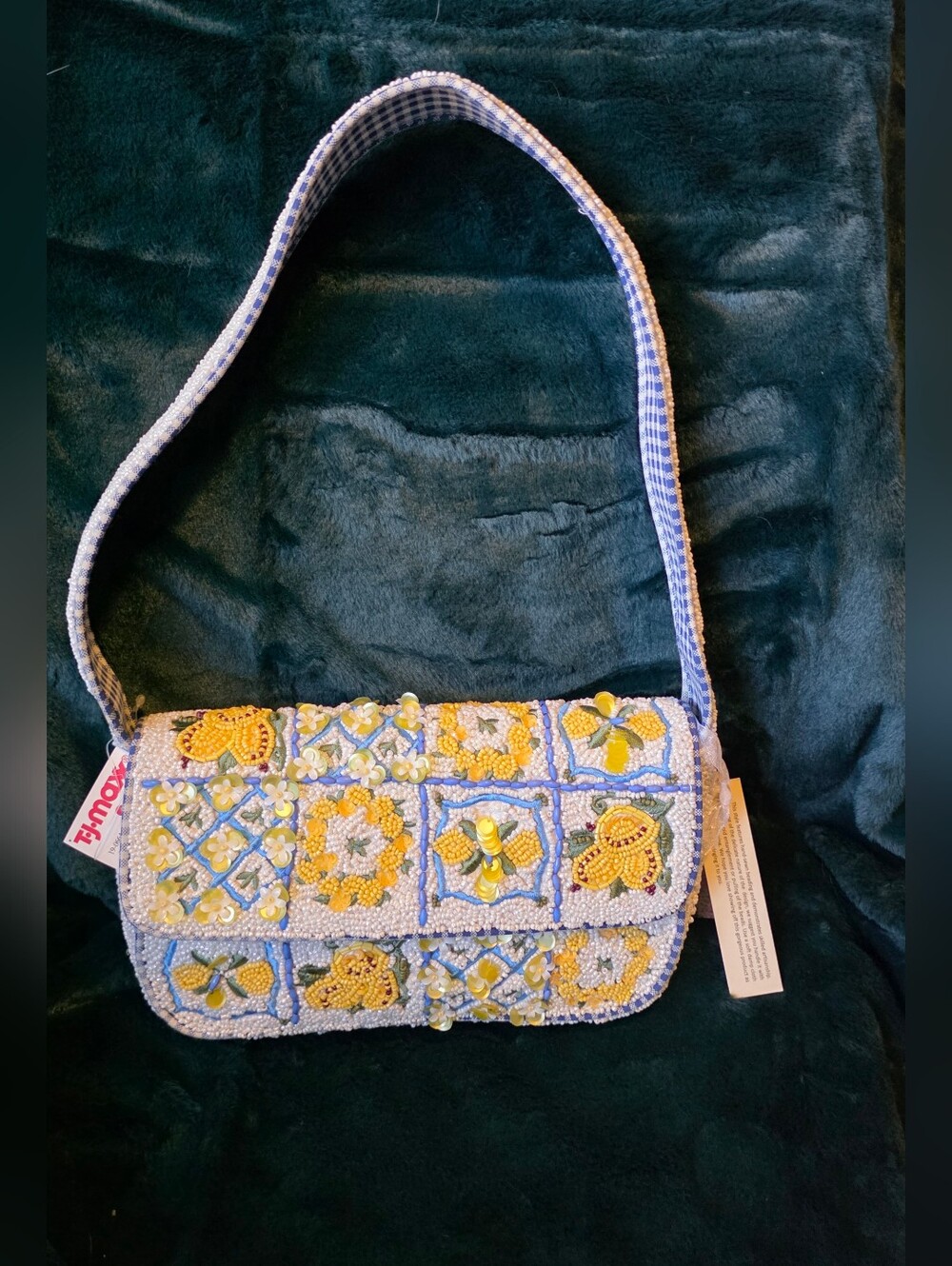 Beaded Patchwork Shoulder Bag in Yellow and Light Blue With Blue Checkered Strap